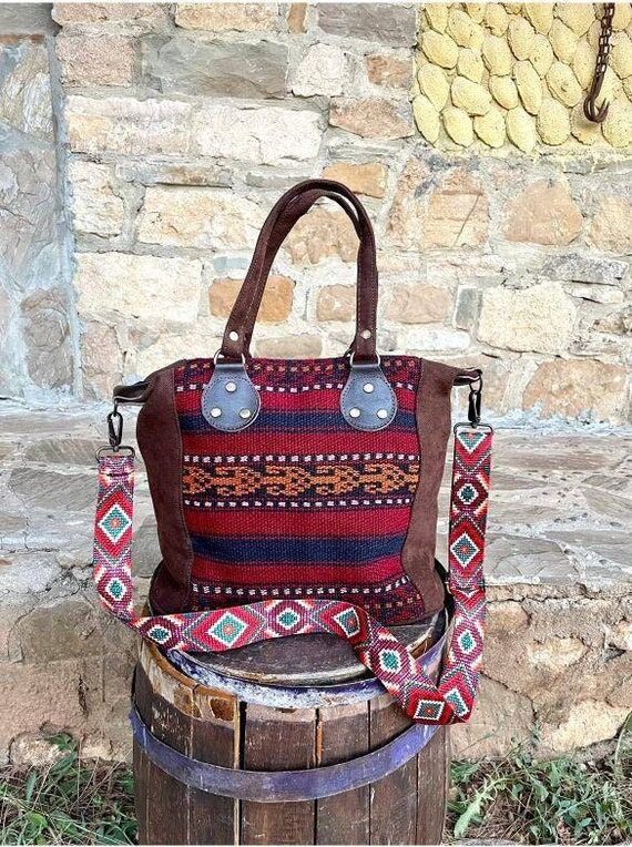 Rare Find Handwoven Carpet & Canvas Tote Bag:...
