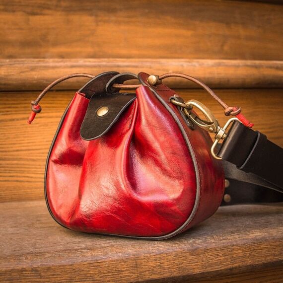 Handmade Red Leather Bucket Bag: Small Crossb...