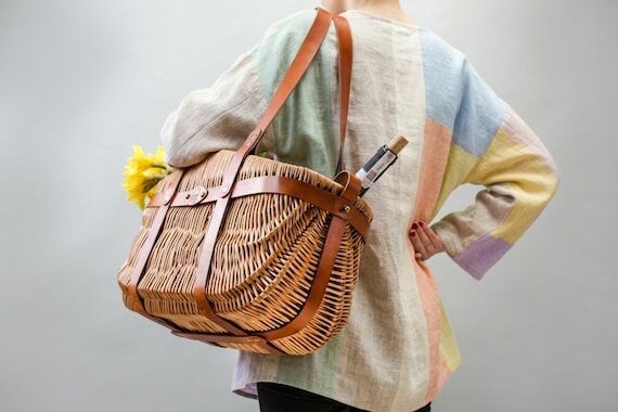 Handcrafted wicker basket bag handmade picnic...