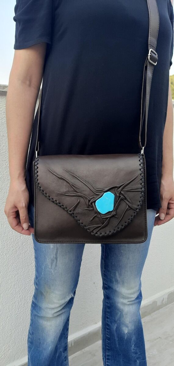 Handmade Brown Leather Crossbody Bag: Turquoi...