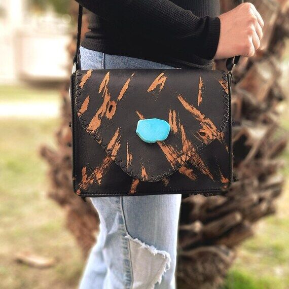Black Leather Crossbody Bag: Turquoise Howlit...