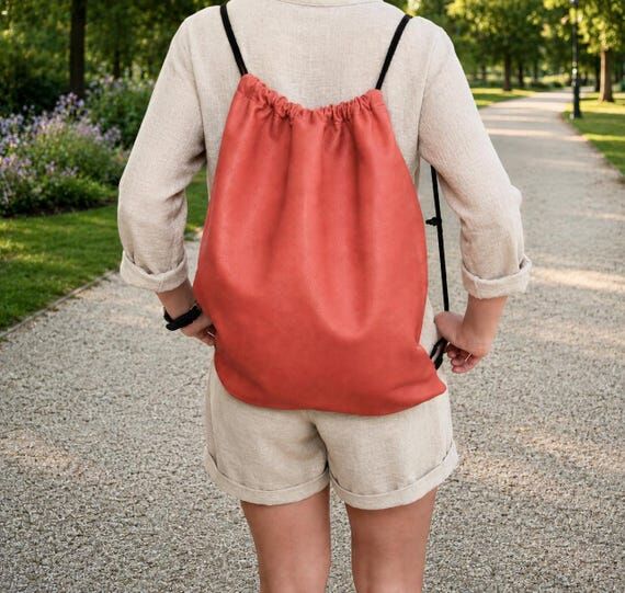 Coral Leather Backpack: Italian Leather Draws...