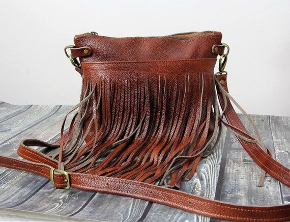 Cognac Brown Leather Fringe Crossbody Bag: Sm...