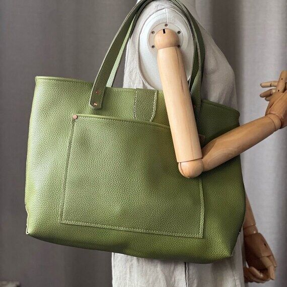 Handmade Large Green Leather Tote Bag...