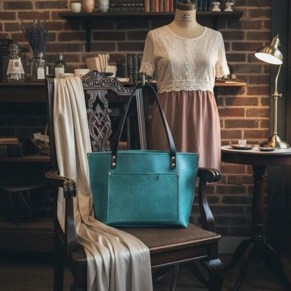Turquoise Leather Shoulder Tote | Handmade Du...