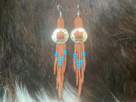 Brown Leather Earrings with Concho ,Blue Bead...