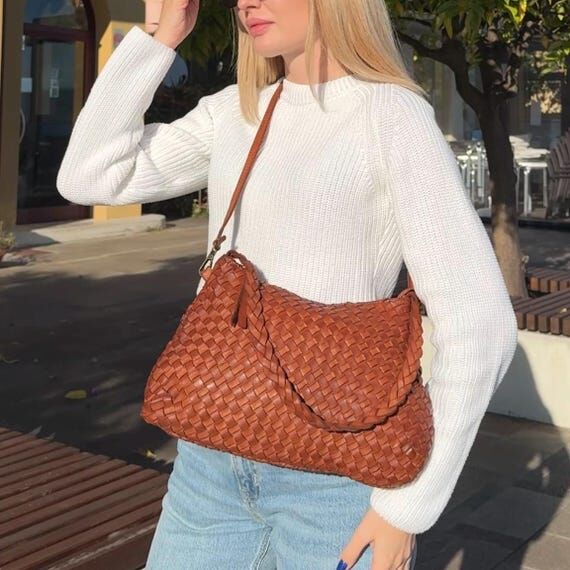 Soft Woven Brown Leather Crossbody Tote Bag, ...