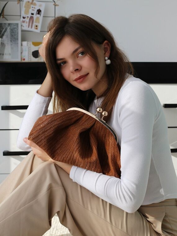 Leather Cloud Clutch Bag Woman, Braided Leath...