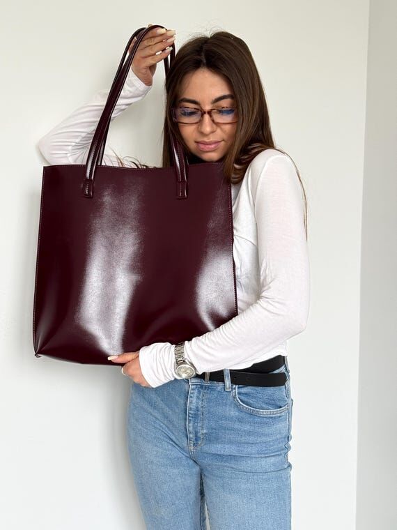 Burgundy Eco Leather Tote, Large Shoulder Sho...