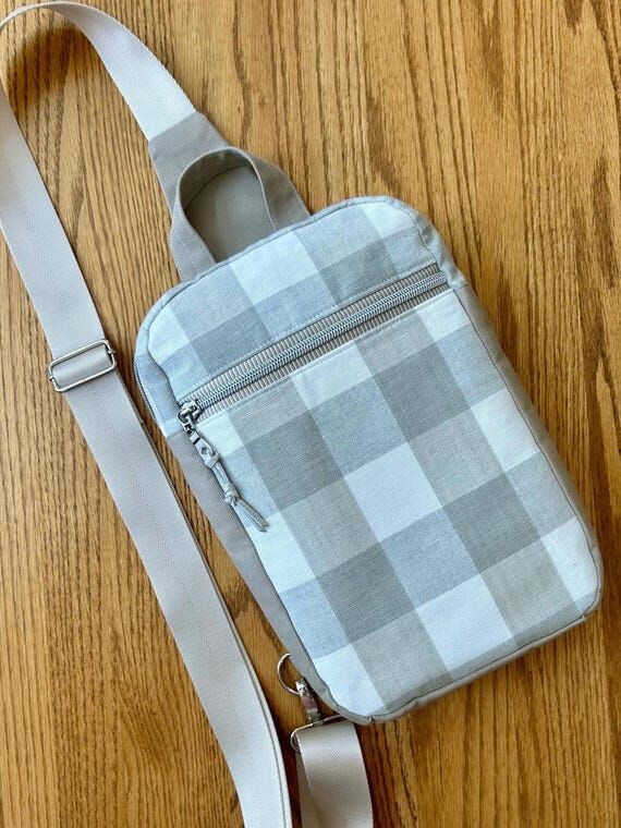 Handmade Gingham Sling Bag, Taupe Canvas Cros...