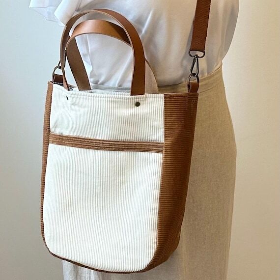 Handmade Corduroy Tote Bag, Leather Handles, ...
