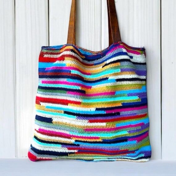 Handmade Colorful Crochet Tote Bag: Leather S...