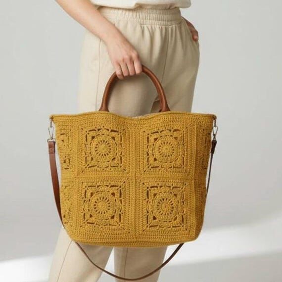 Mustard Granny Square Crochet Tote Everyday B...