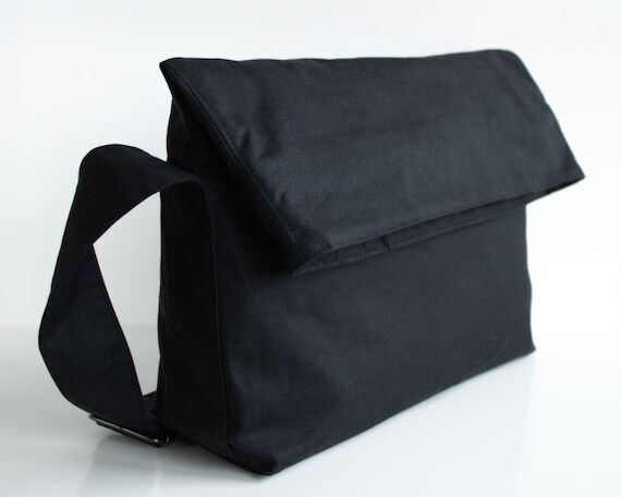 Black Waxed Canvas Fold Top Messenger Bag, Un...