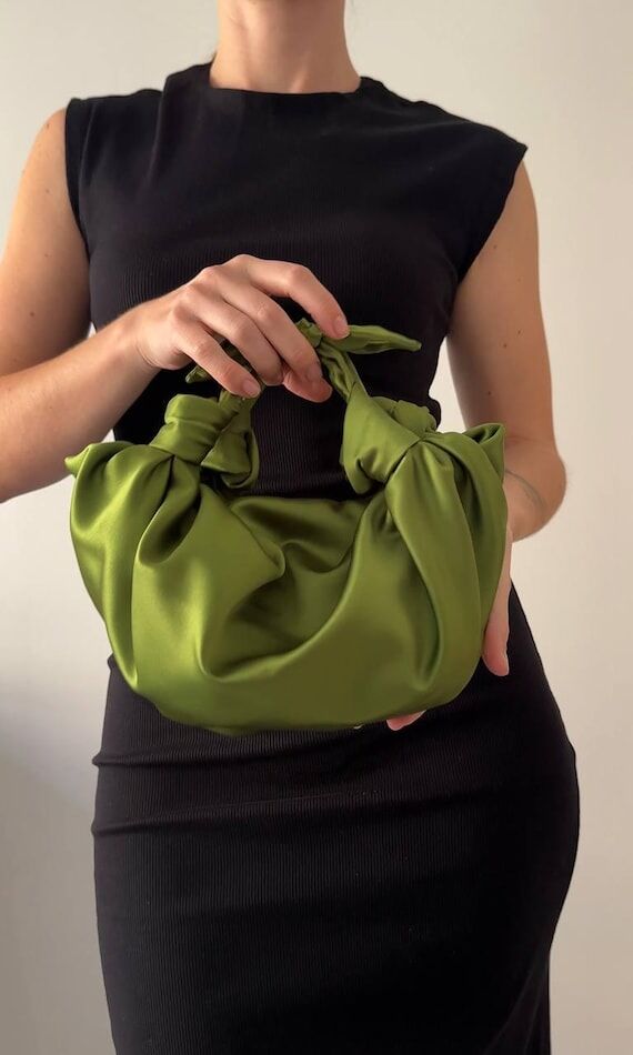 Luxury satin bag with knots - Woman olive pur...