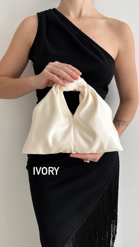Small ivory bag with knot | Stylish satin pur...