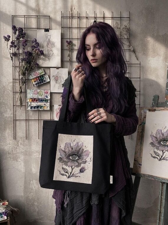 Hand Painted Tote Bag, Eye Flower Art Bag, Bl...
