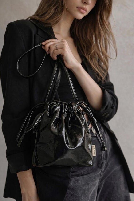 Black Patent Leather Bucket Bag, Minimalist C...