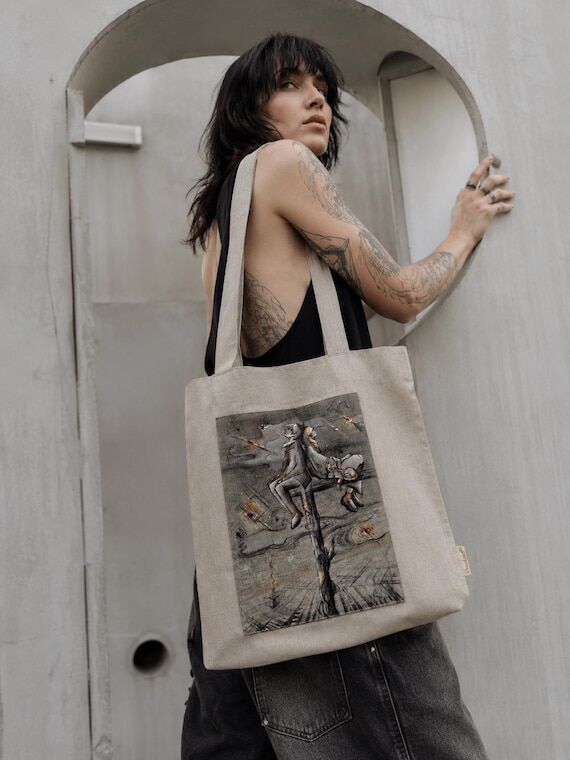 Hand Painted Linen Tote Bag, Original Wearabl...