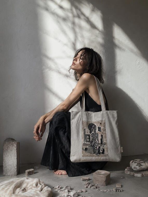 Hand Painted Linen Tote Bag, Zebra Woman Art ...