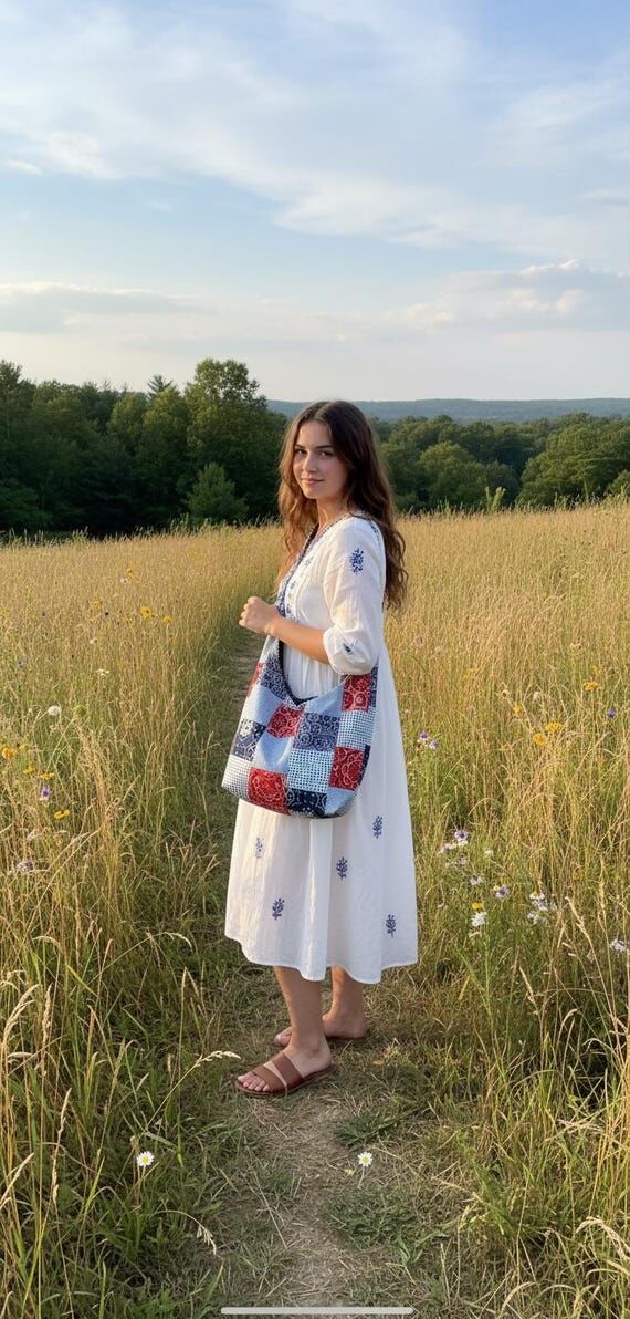 Americana Patchwork Hobo Bag, Reversible hand...