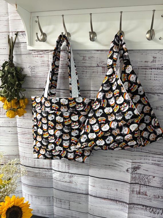 Rainbow Cat Print Tote Bag: Handmade Cotton R...