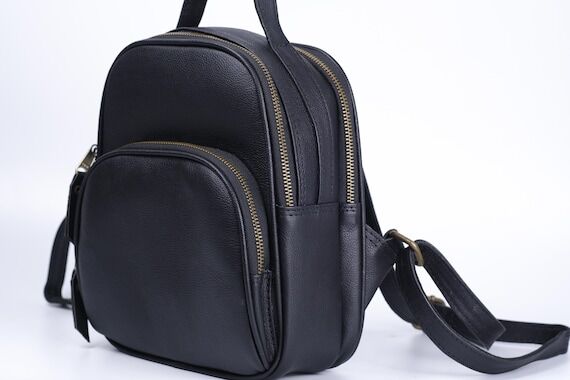 Black Leather Mini Backpack, Small Cowhide Ba...