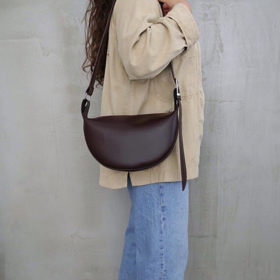 Crossbody Crescent Bag,Brown Burgundy Vegan L...