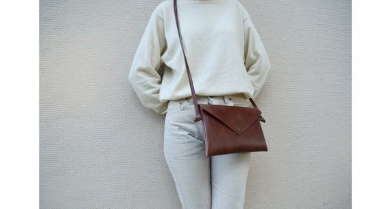 Brown Vegan Leather Bag/envelope clutch bag/C...