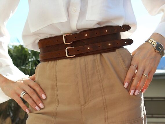 Wide Copper Brown Leather Corset Belt for Wom...