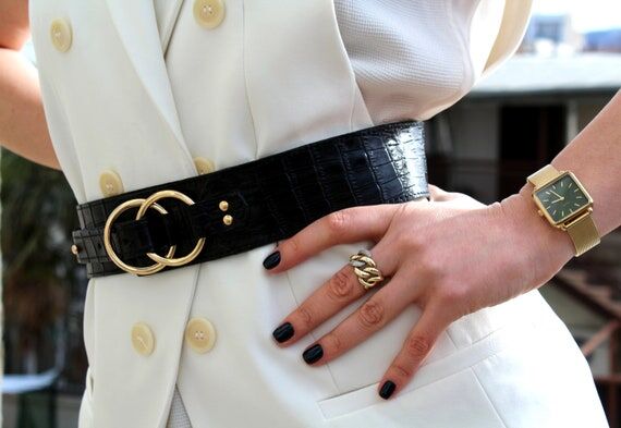 Wide Black Crocodile Textured Leather Belt fo...