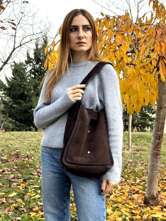 Dark Brown Suede Hobo Bag, Slouchy Shoulder B...