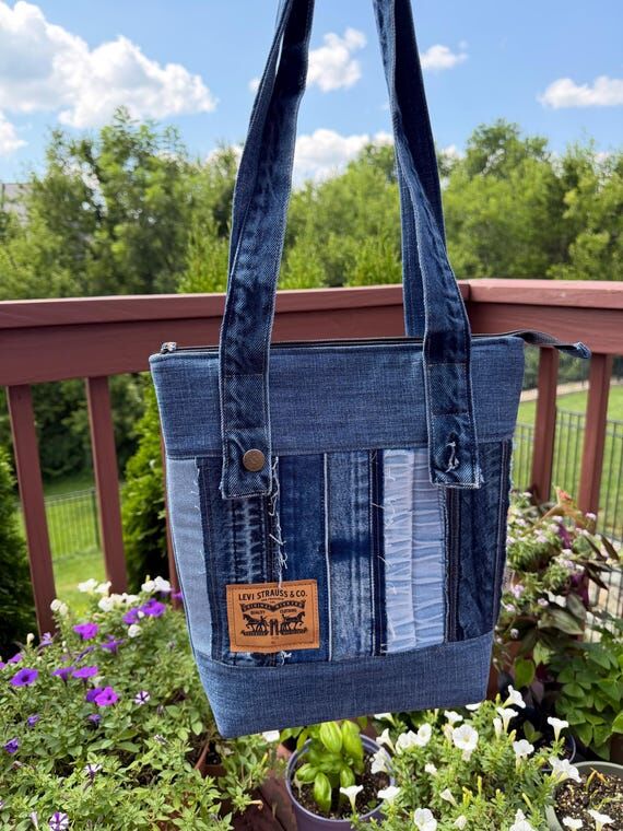Upcycled Denim Tote Bag, Padded Laptop Purse,...