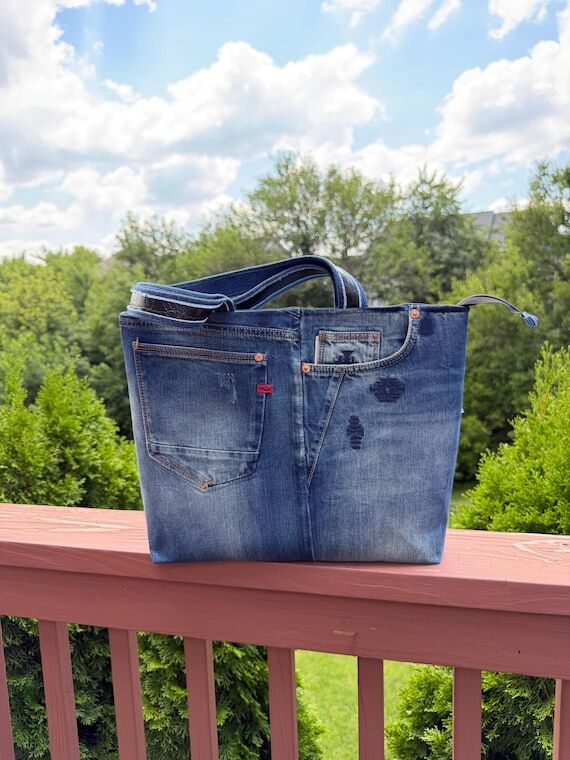 Upcycled Denim Tote Bag, Repurposed Jeans, Bo...