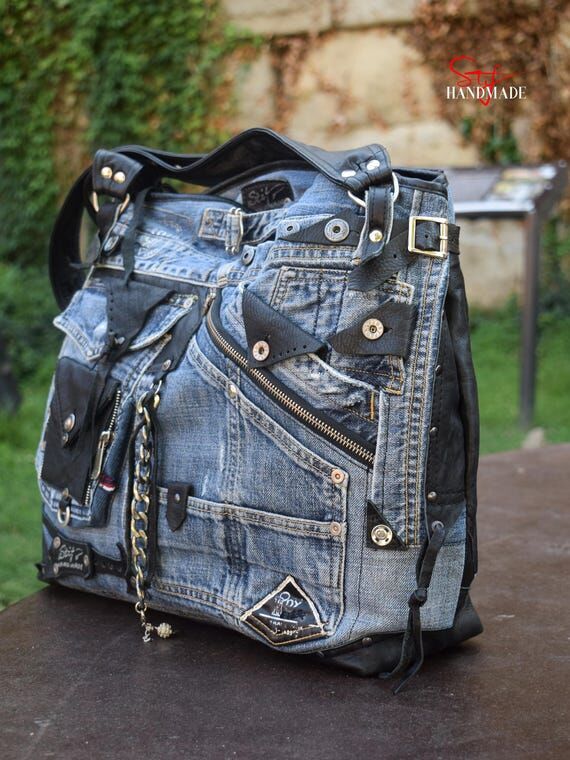 HIGH-END Handmade Denim & Leather Shoulder ba...