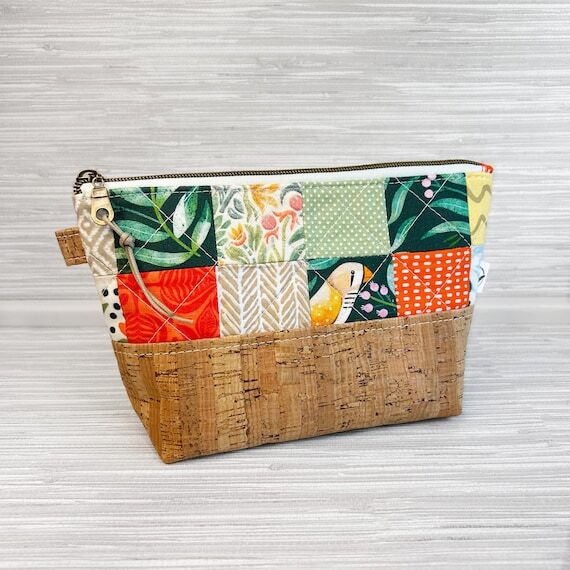 Cork & Quilted Cosmetic Bag, Handmade Green a...
