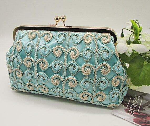 Handmade Sage Lace Clutch Bag: Mint Green & G...