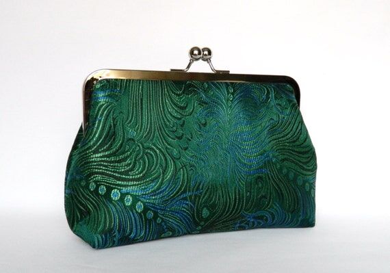 Emerald Green Peacock Brocade Clutch Bag: Han...