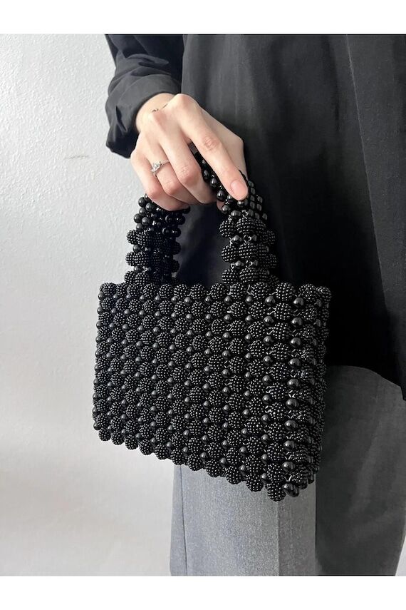 Handmade Black Beaded Bag: Blackberry Pearl E...