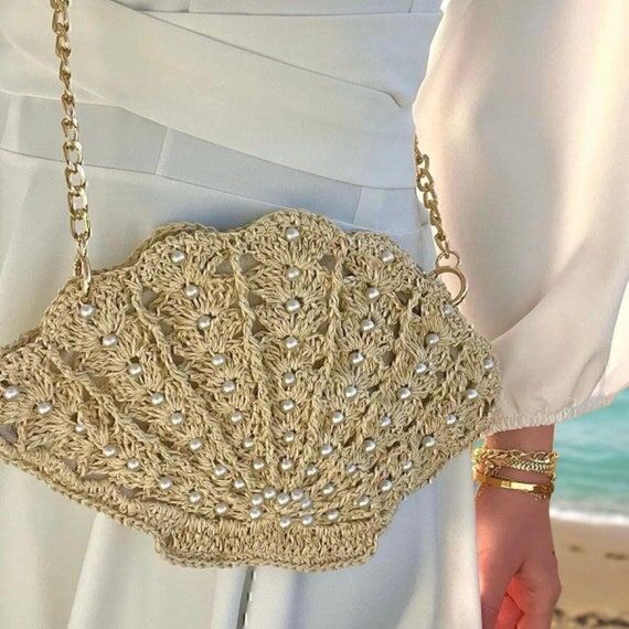 Handmade Shell Crochet Bag: Straw Clutch with...