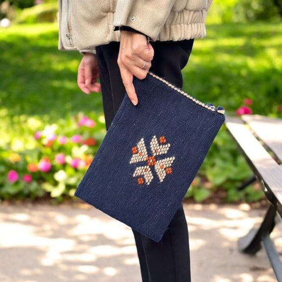 Handmade Bohemian Pouch: Woven Cotton Zippere...