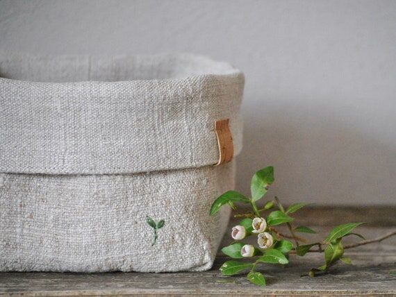 Linen bread basket made of natural linen, nat...