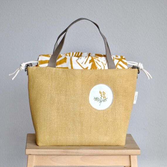Large knitting project bag with leather strap...