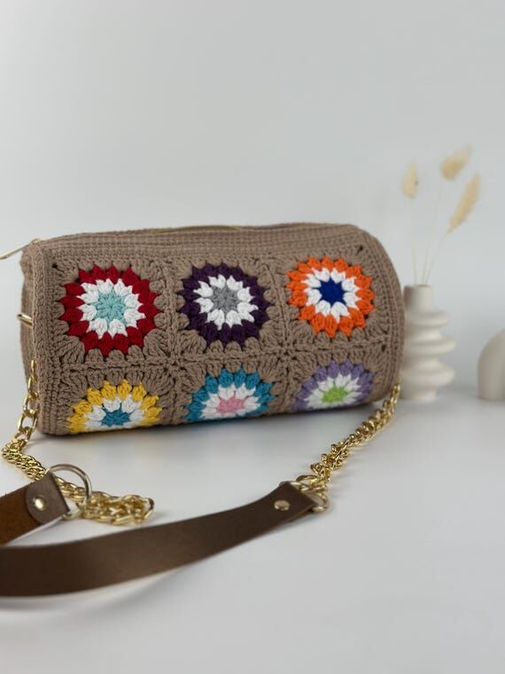 Handmade Crochet Granny Square Cylinder Bag, ...