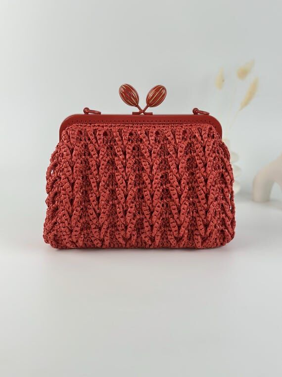 Handmade Red Raffia Crochet Clutch Bag, Party...