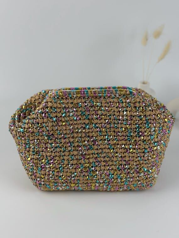 Metallic Raffia Crochet Clutch: Colorful Boho...