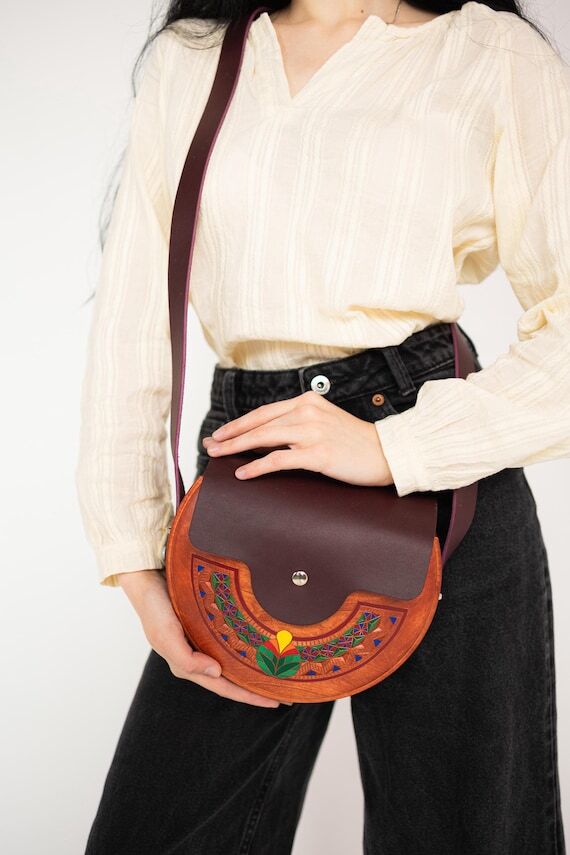 Hand Painted Wooden Crossbody Bag, Artisan Fo...