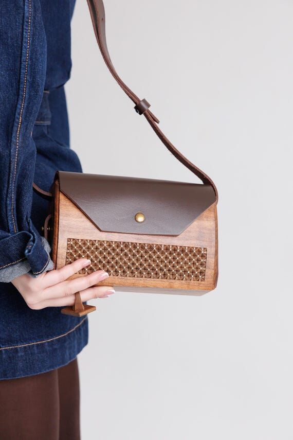 Handmade Wooden Crossbody Bag, Hand Carved Wo...