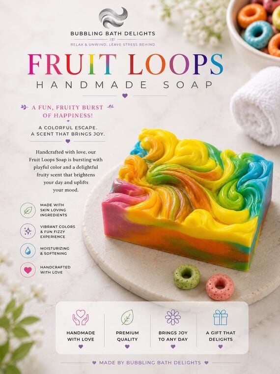 Handmade Fruit Loops Soap, Shea Butter Moistu...