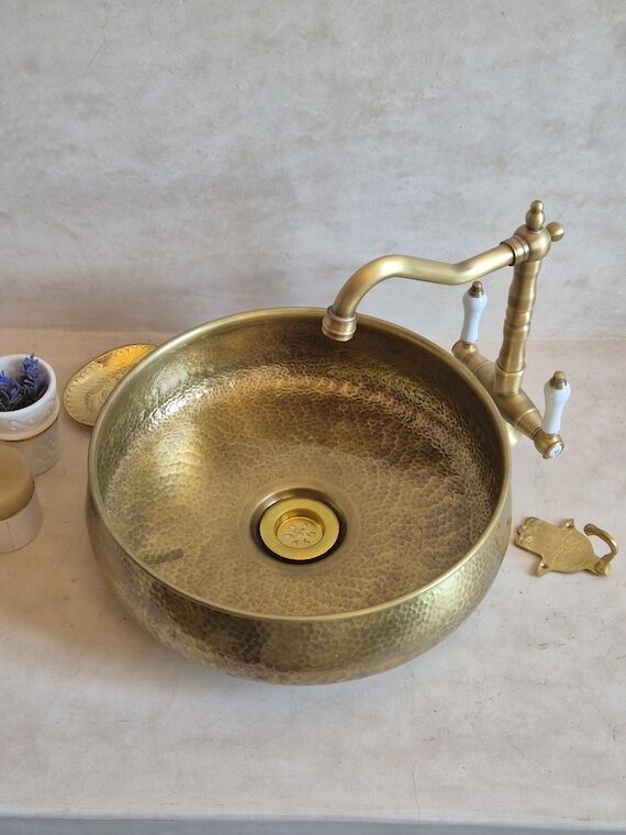 Handmade Antique Brass Vessel Sink: Rustic Ba...